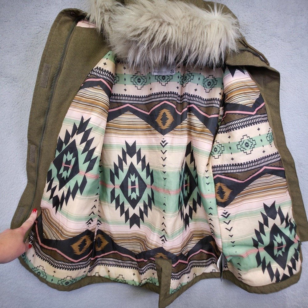Aperture Parka Coat Womens S Green Faux‎ Fur Aztec Tribal Lined Technical Jacket